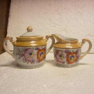 Vintage Trico Lusterware Sugar Bowl with Lid and Creamer Handpainted